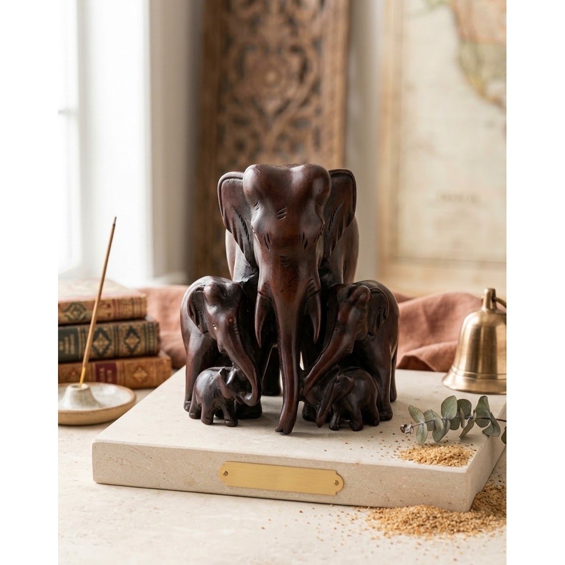 Vintage Hand-Carved Rosewood Elephant Family Statuette