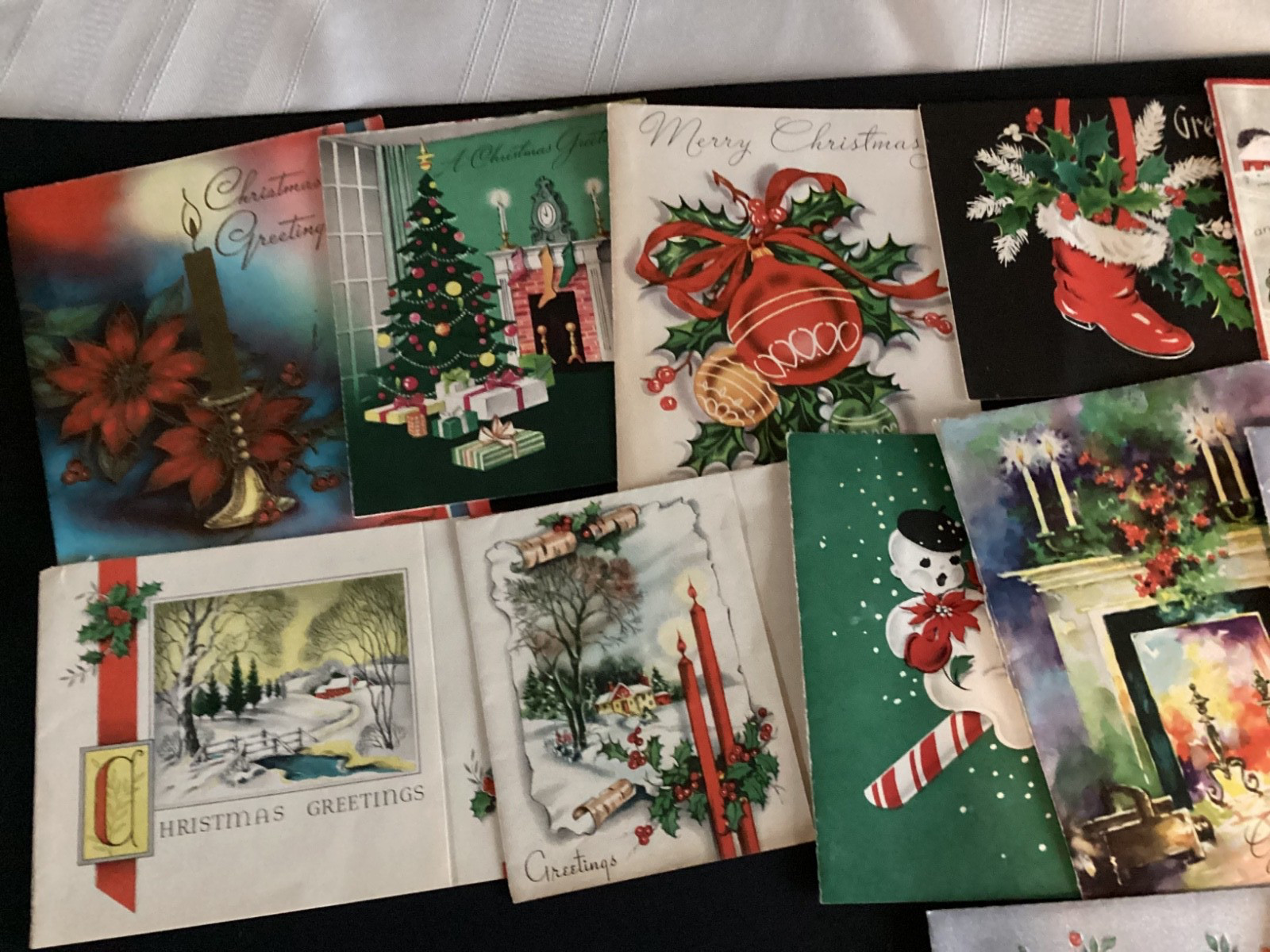 Lot of 34 Vintage USED  Christmas Cards 1950’s/Tree/Candles/Wreath/Bells/Snowman