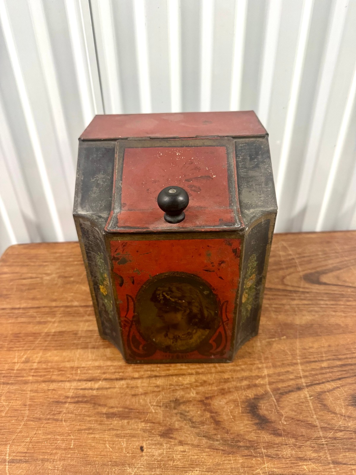 Antique Victorian Hand Painted Toleware Tea Tin 