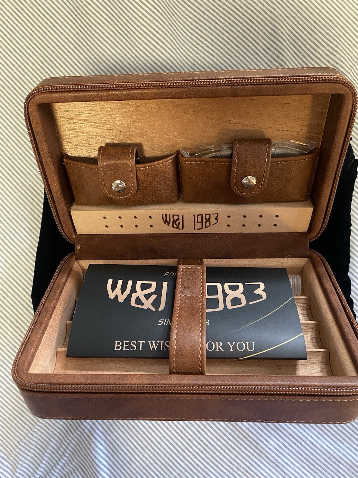 W&J 1983 Brown Leather Collectible Cigar Box with Pouch and Accessories