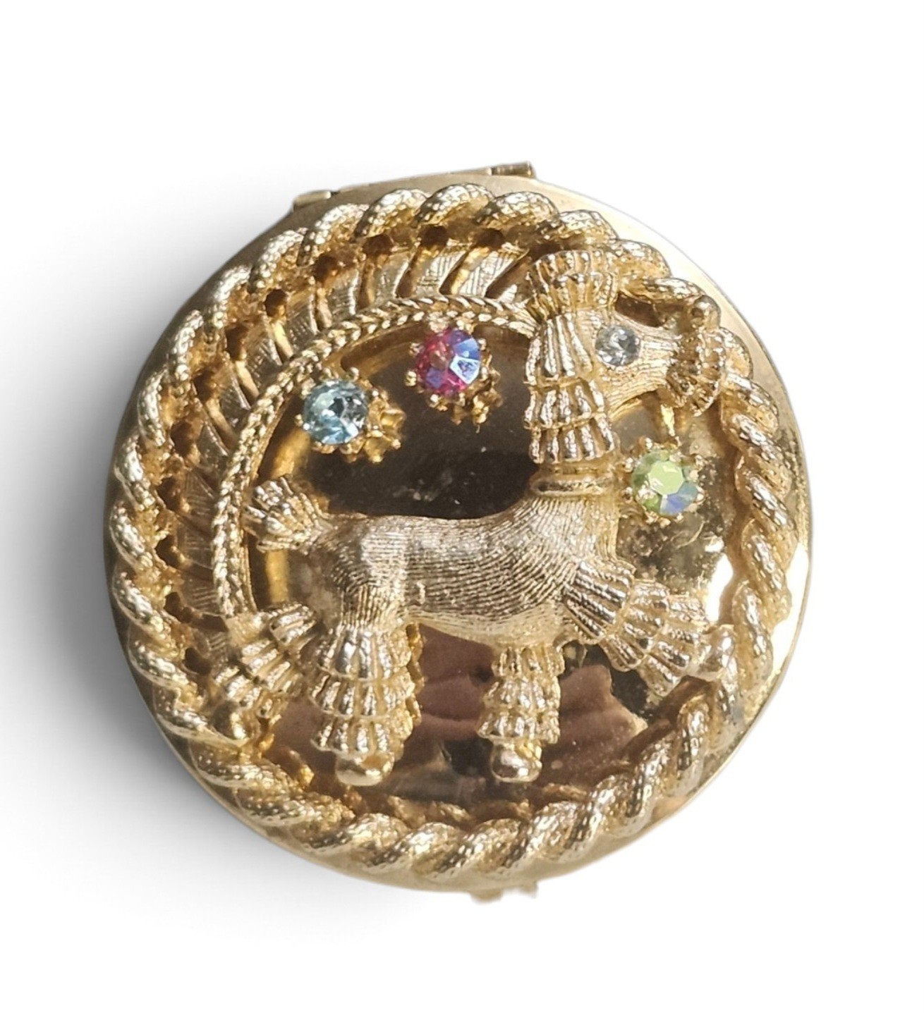 Adorable Vintage poodle dog rhinestone Gold Tone Round Hinged pill box Adorable Vintage poodle dog rhinestone Gold Tone Round Hinged pill box