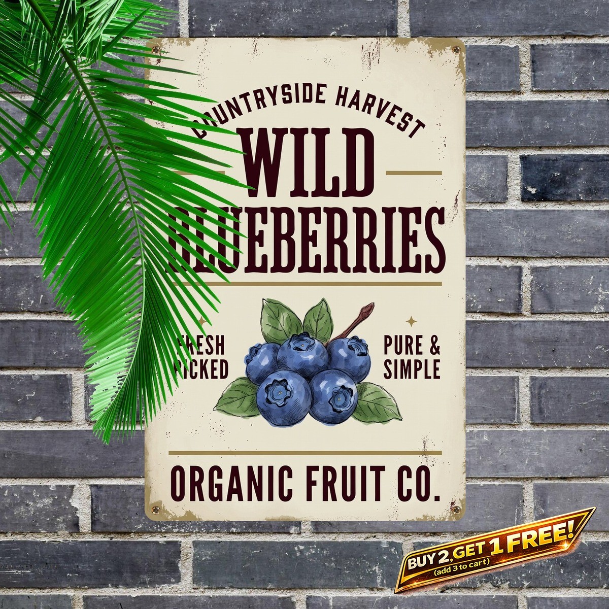 Organic Blueberry Fruit Sign Vintage Farm Fresh Market Metal Wall Art