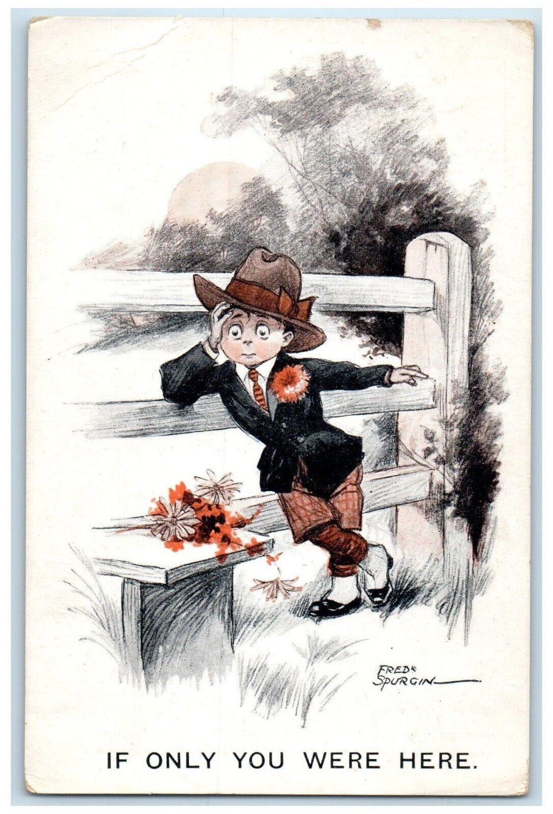1911 Little Boy With Flowers If Only You Were Here Posted Antique Postcard