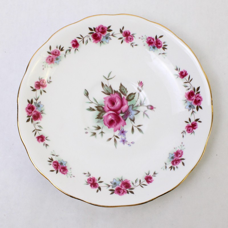 Queen Anne Bone China White and Pink Rose Gold Trim Saucer