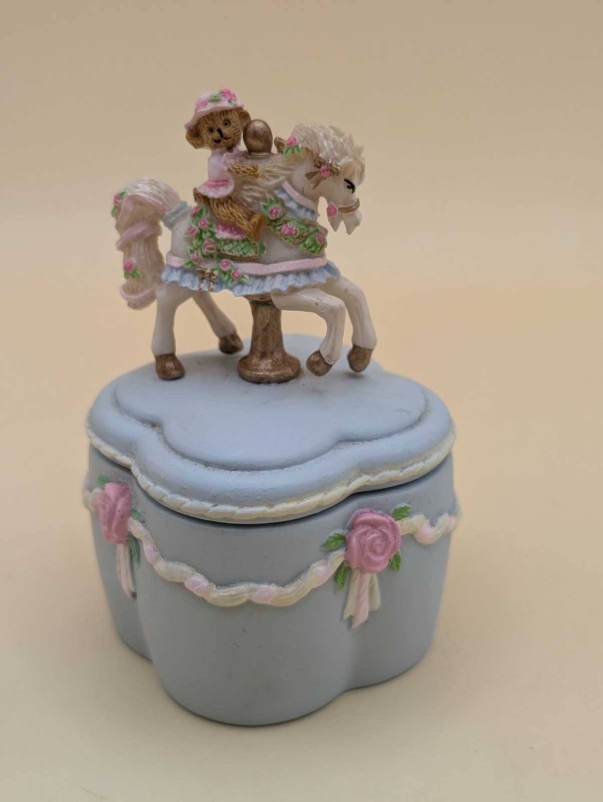 Vintage Collectible Teddy Bear Horse Carousel  Trinket Box Light Blue Porcelain
