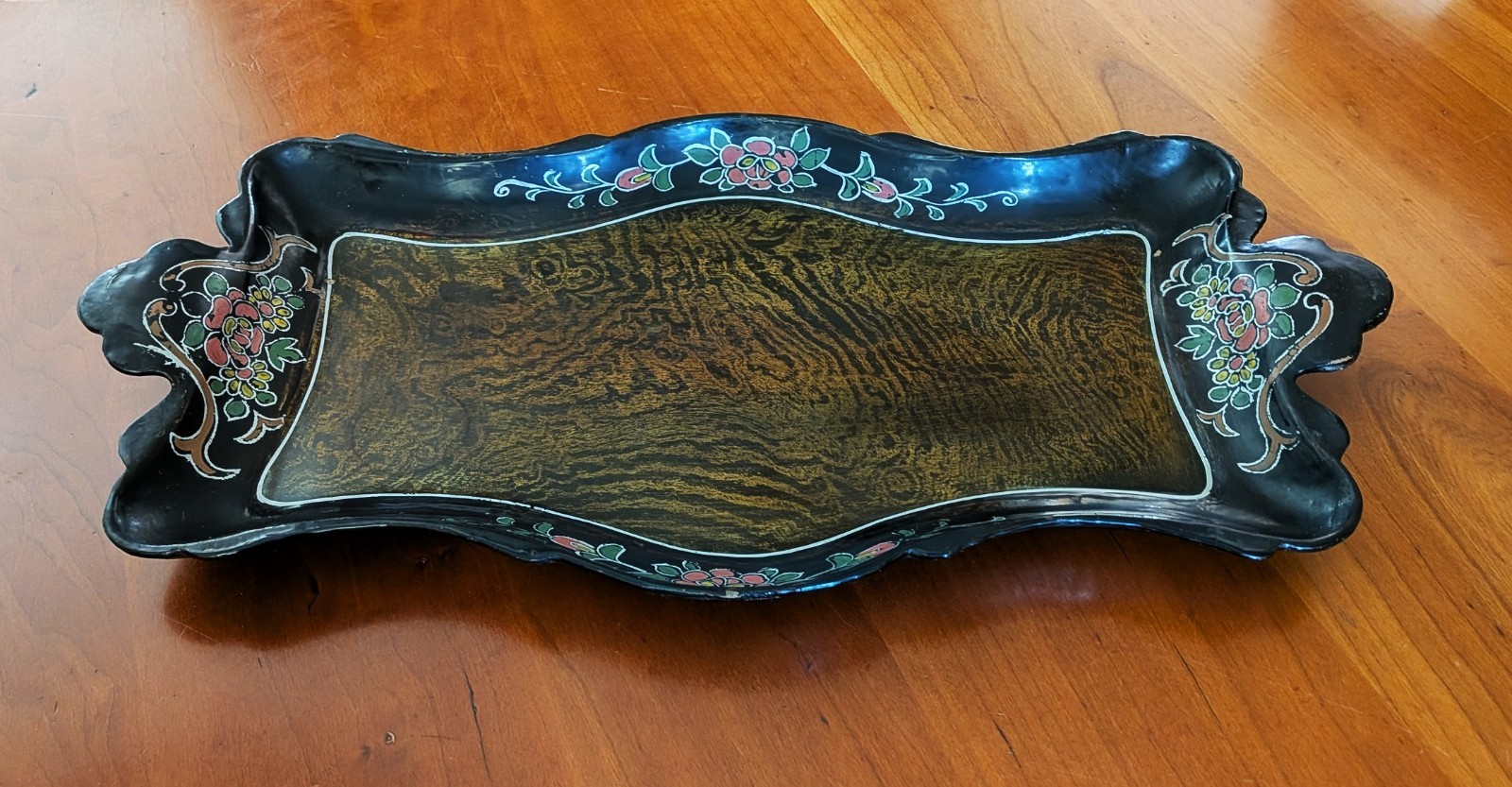 Vintage Post War Japanese Paper Mache Hand Painted Tray w/ Faux Bois Wood Center
