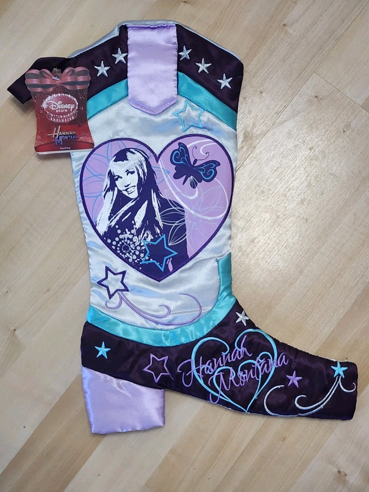  Disney Store Hannah Montana Christmas Stocking Cowboy Boot Purple Satin