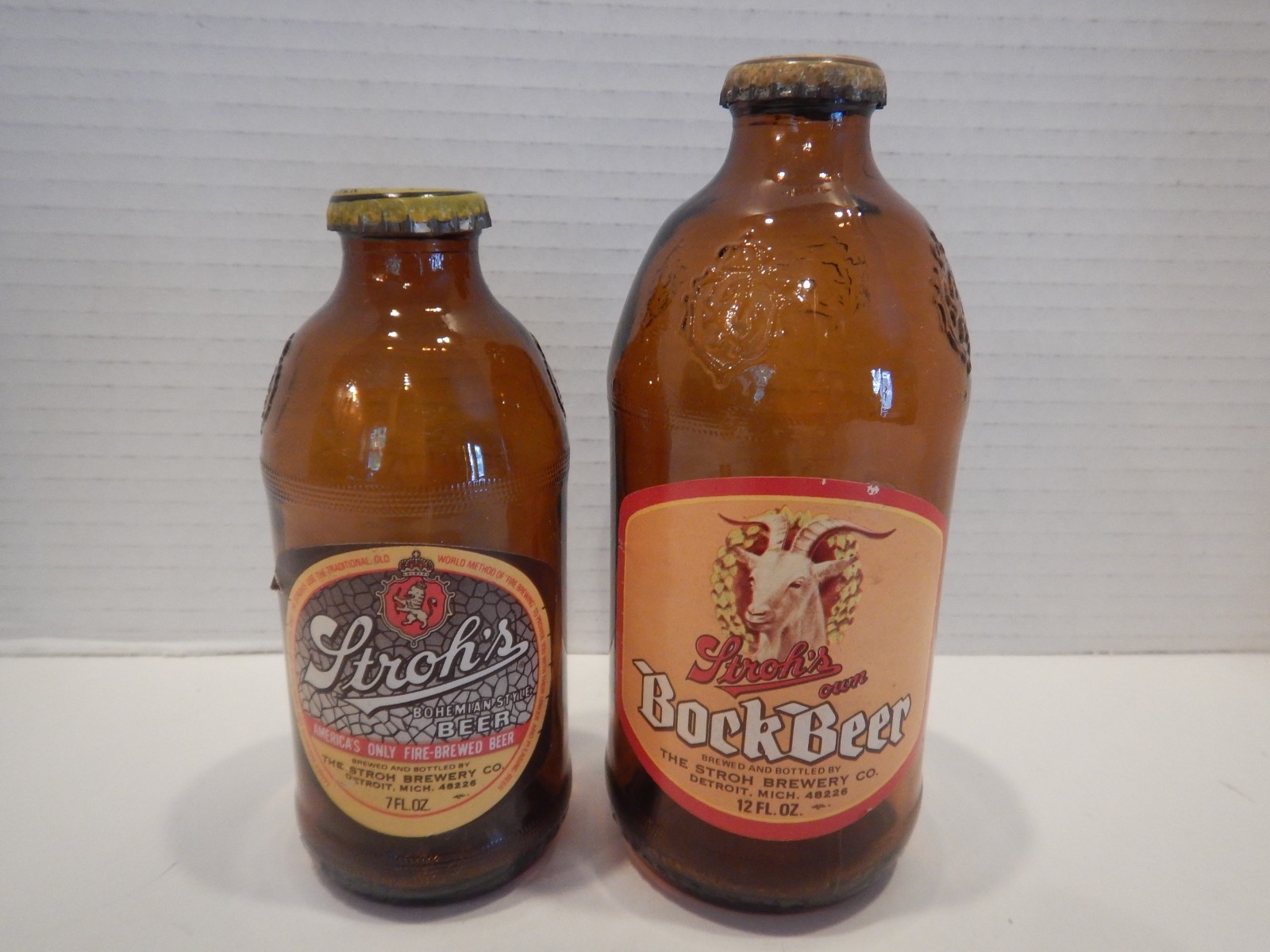 STROH\'S Beer Bottles Short Style Regular 7 Ounce and Bock 12 Ounce w/ Caps EMPTY
