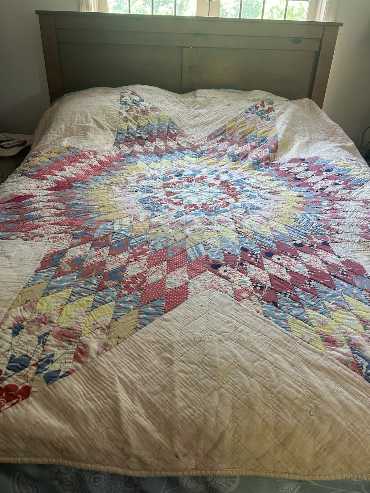 Vintage Lone Star Feedsack Quilt  74” X 77” As Is Cottage Farm Scrap Quilt READ