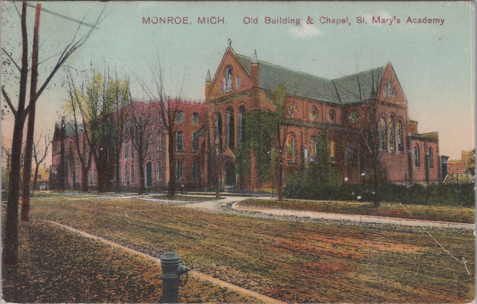 Monroe MICH St. Mary's Academy Old Building & Chapel Postcard 1910 Divided Back