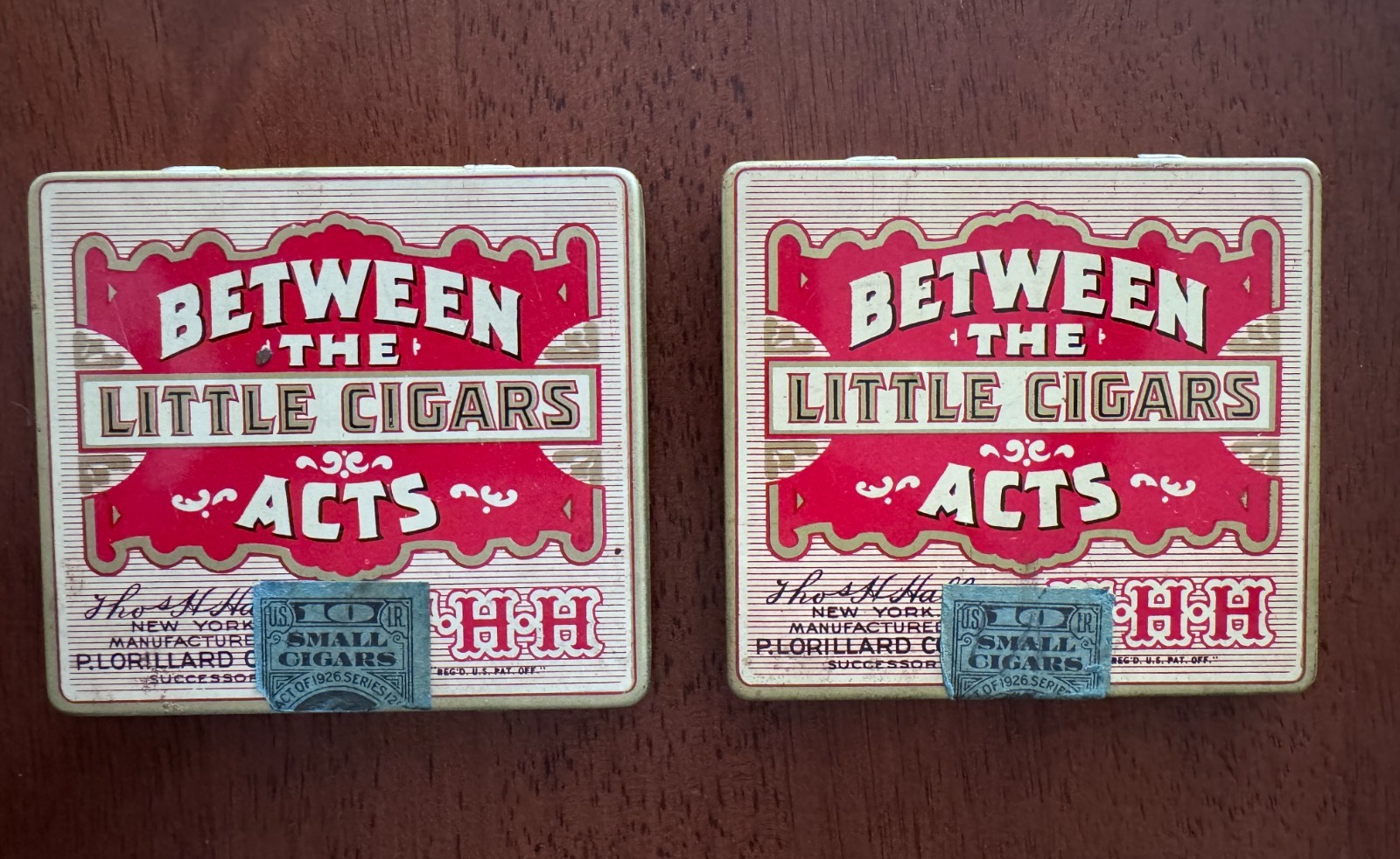 2 Vintage BETWEEN the ACTS Little CIGARS Advertising Tobacco metal Tin EMPTY