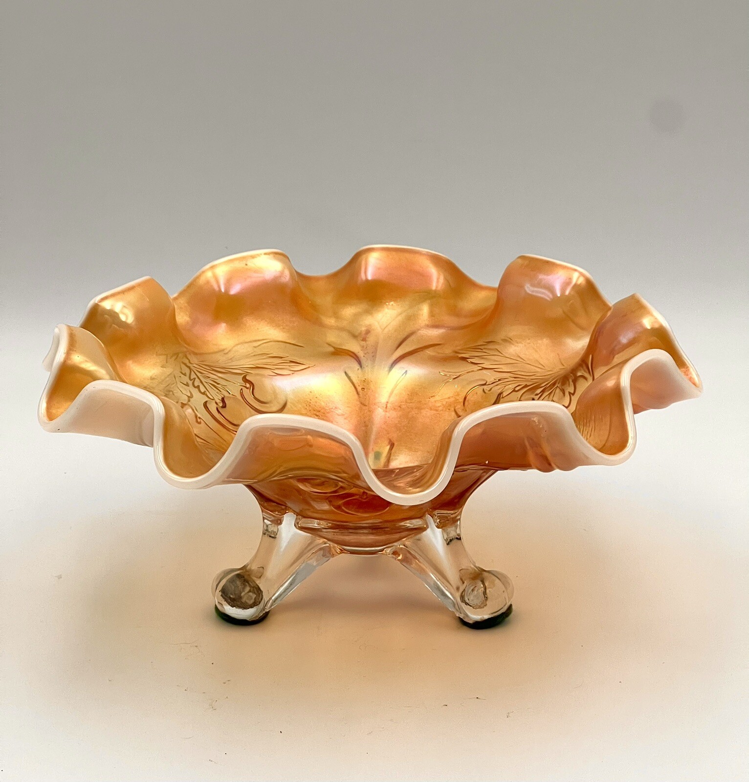 Beautiful Vintage Dugan 3 Footed Marigold Carnival Glass Cherries Scalloped Bowl