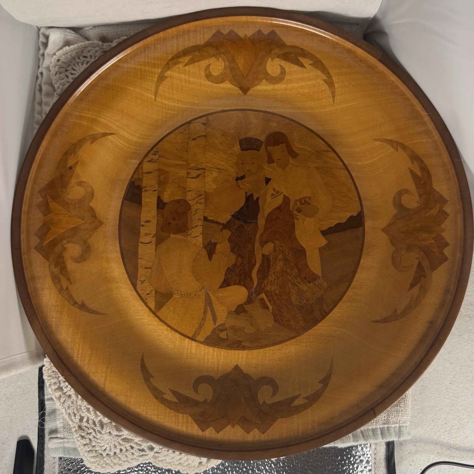 Vintage Marquetry Art Wooden Plate Wall Art Estonian People Countryside 15.25”
