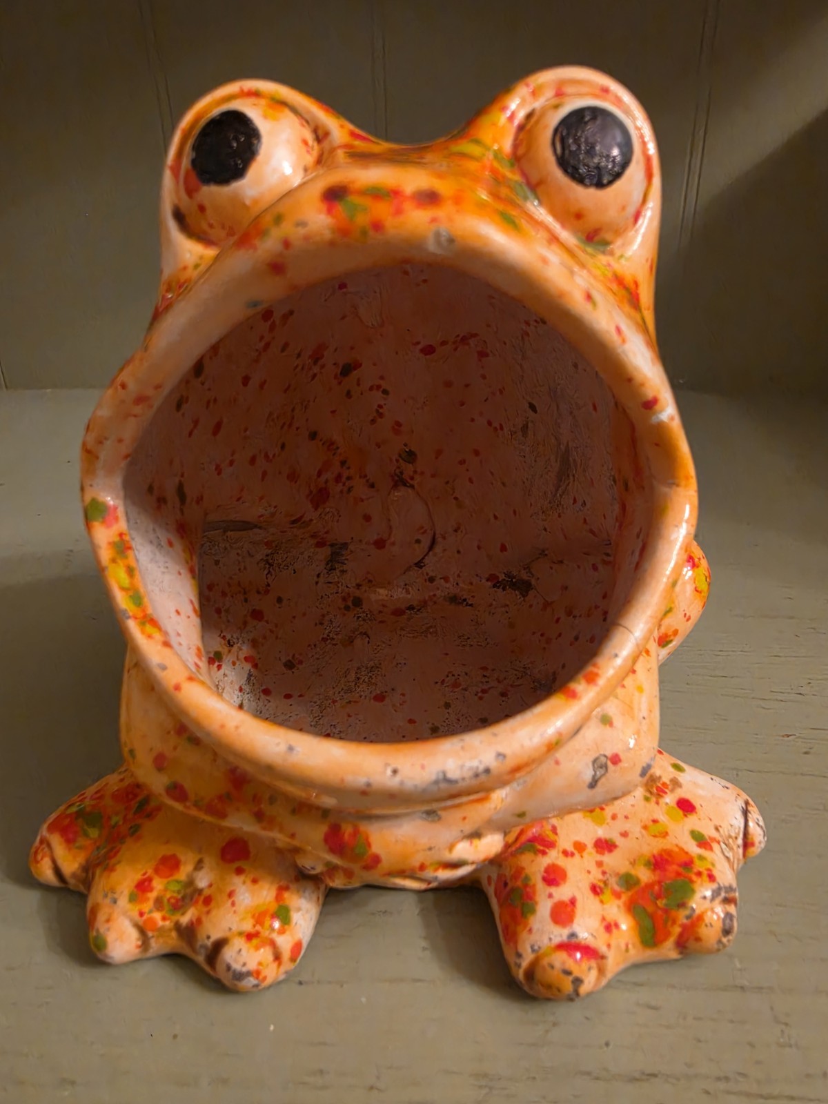 Vintage Ceramic Frog Sponge Holder Large Mouth Splatter Drip Glaze Orange 5”
