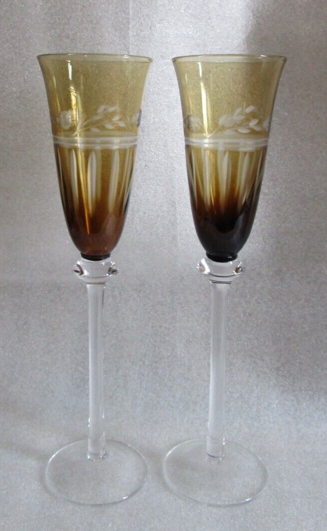 Vtg Pr AJKA Style Pattern CHAMPAGNE Crystal Flutes 🍾 Cut to Clear Knop Stems