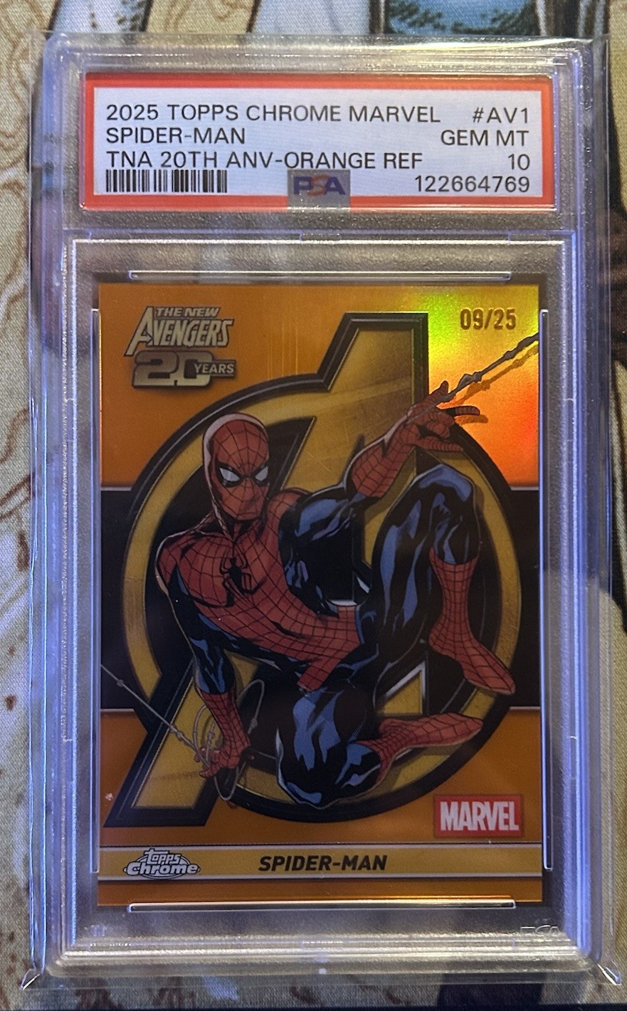 2025 Topps Chrome Marvel Spider-Man New Avengers 20th #AV-1 Orange /25 PSA 10 GM