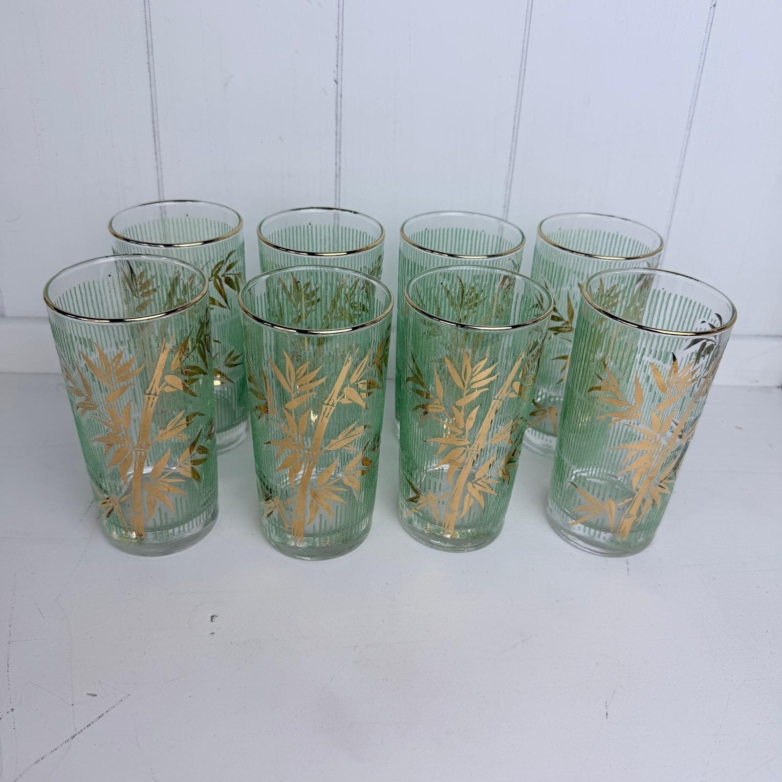 Vintage Libbey Green Gold Bamboo Highball Glasses Set of 8 MCM Barware