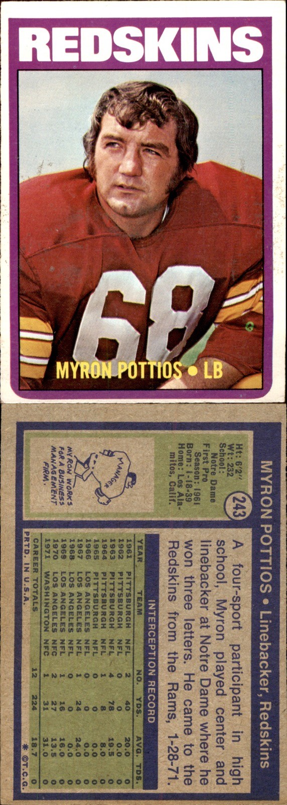 1972 Topps #243 Myron Pottios Redskins 3 TIME Pro Bowl Notre Dame Linebacker