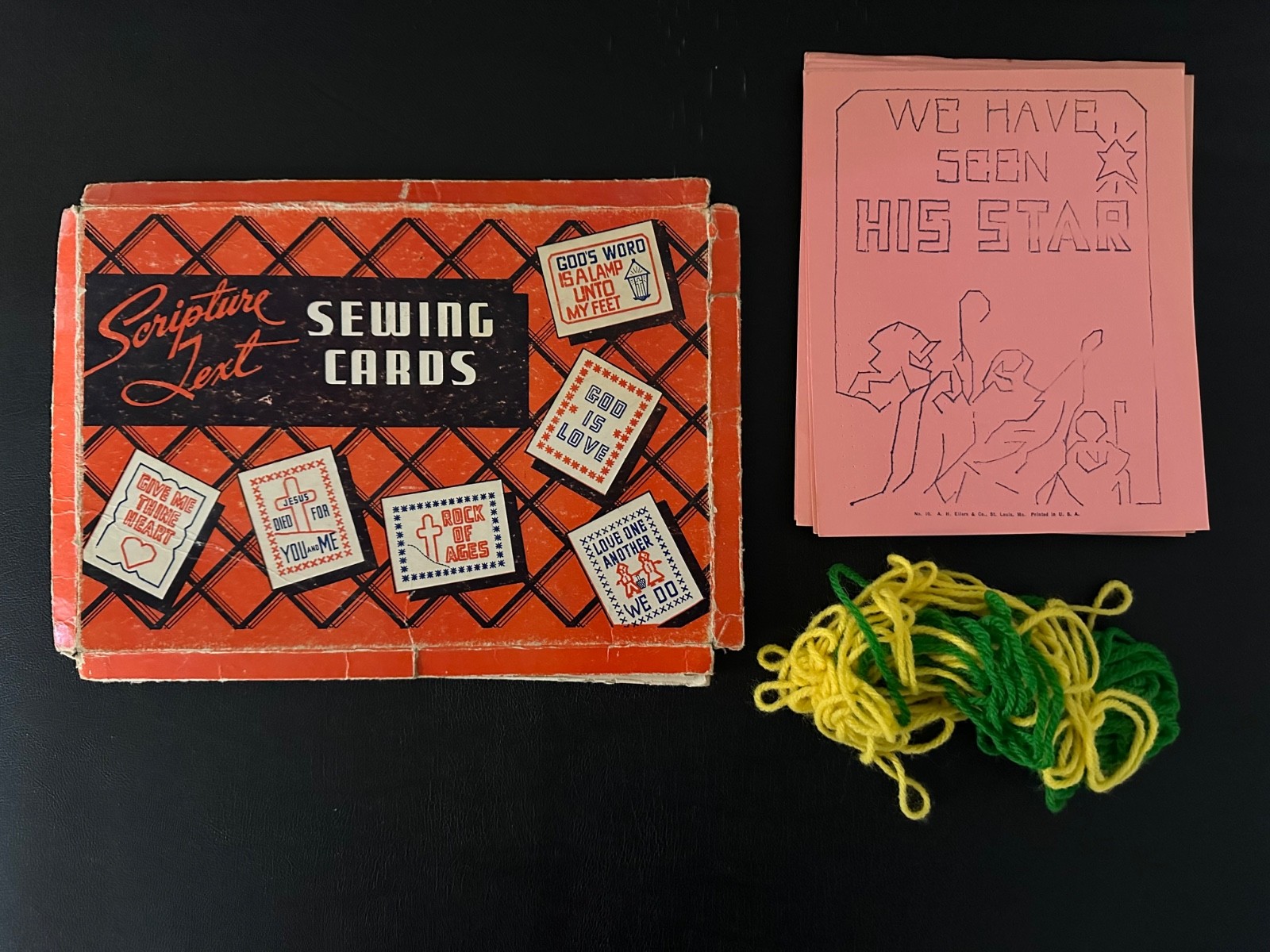 Vintage Scripture Text Sewing Cards A. H. Eilers & Co 9 Cards, Yarn & Box  USA