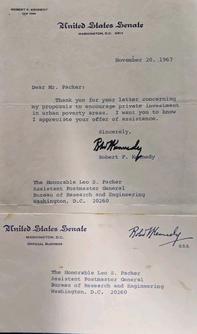Robert F Kennedy Signed To Asst. Post Master General Dr. Leo S Packer ~1967~
