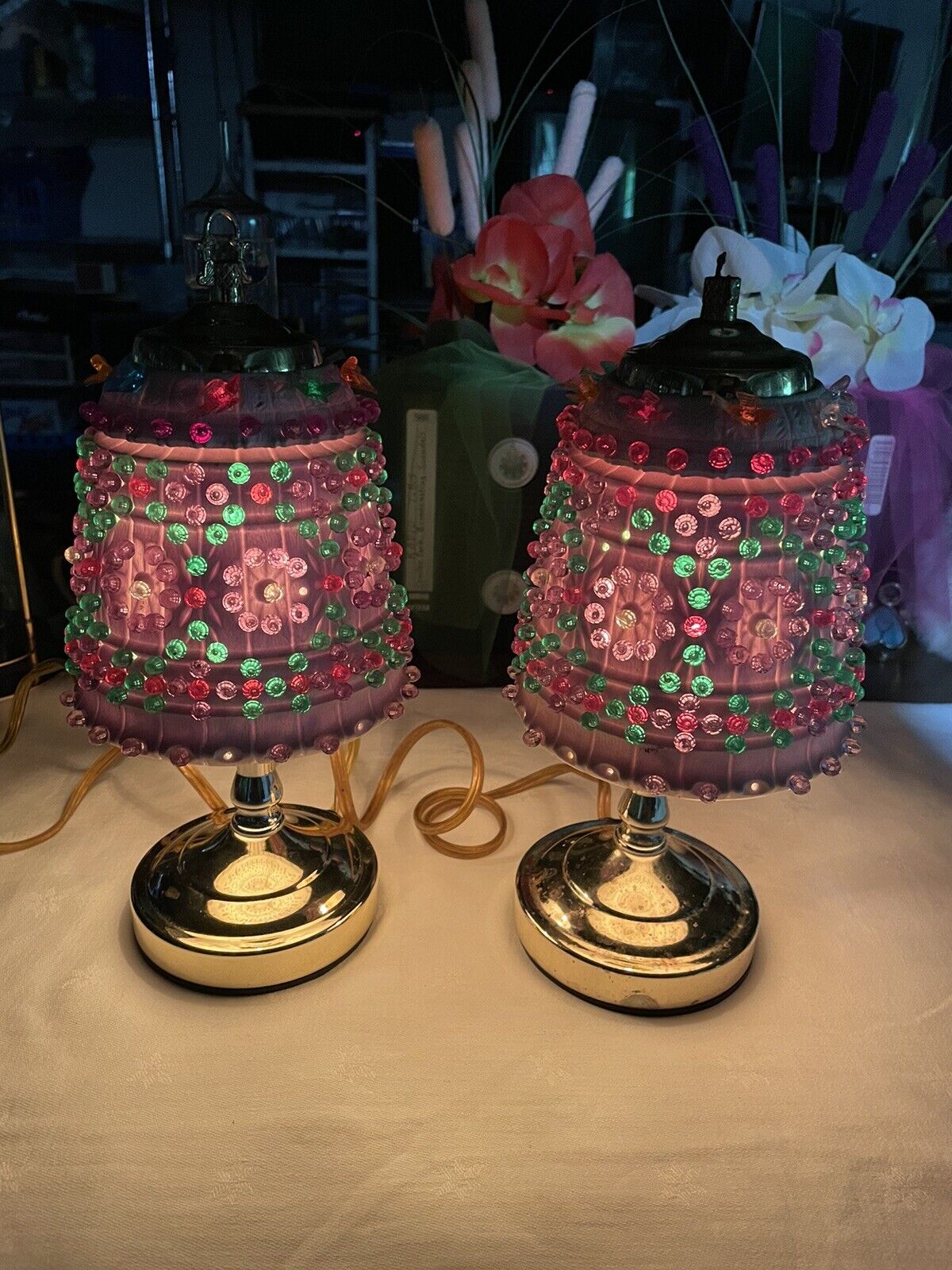 2 Vintage Lawnware Table Lamp 3 Way Touch Lamp Hippie Boho Beaded