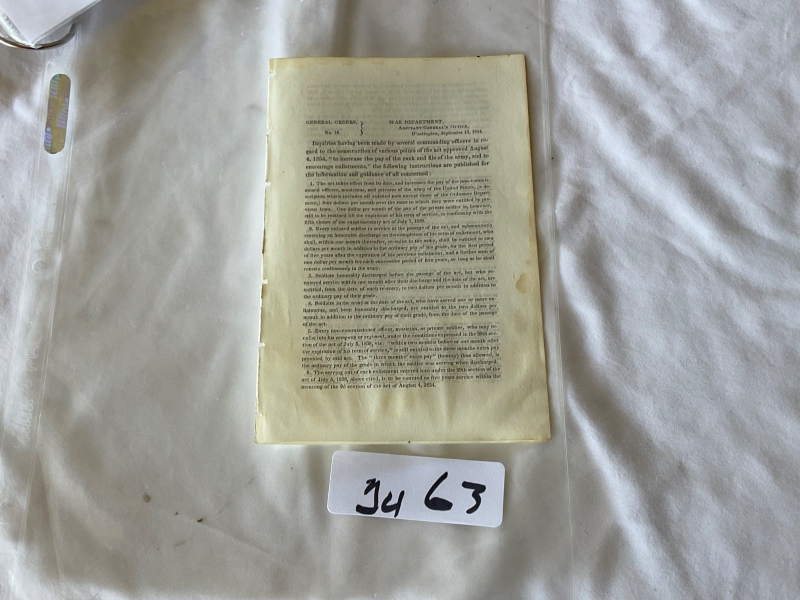 CIVIL WAR CONFEDERATE GENERAL SAMUEL COOPET 1854 SGD ARMY ORDER WAR DEPARTMENT
