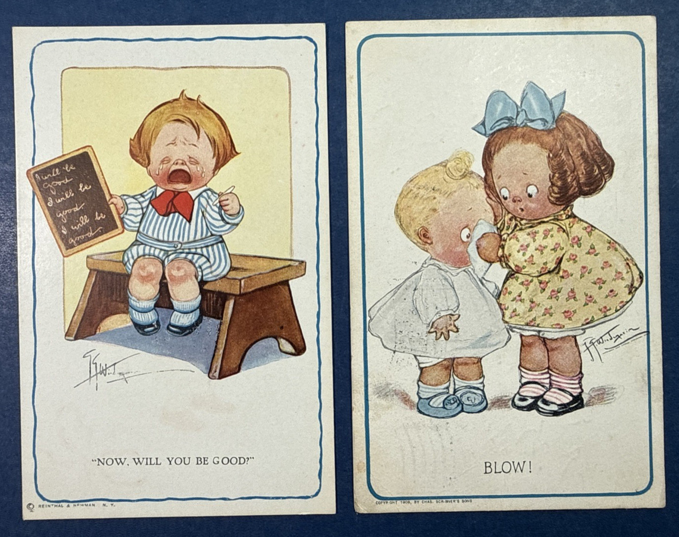 SET 2 Children Antique Postcards. Best Wishes/Humor. Artist: Wiederseim