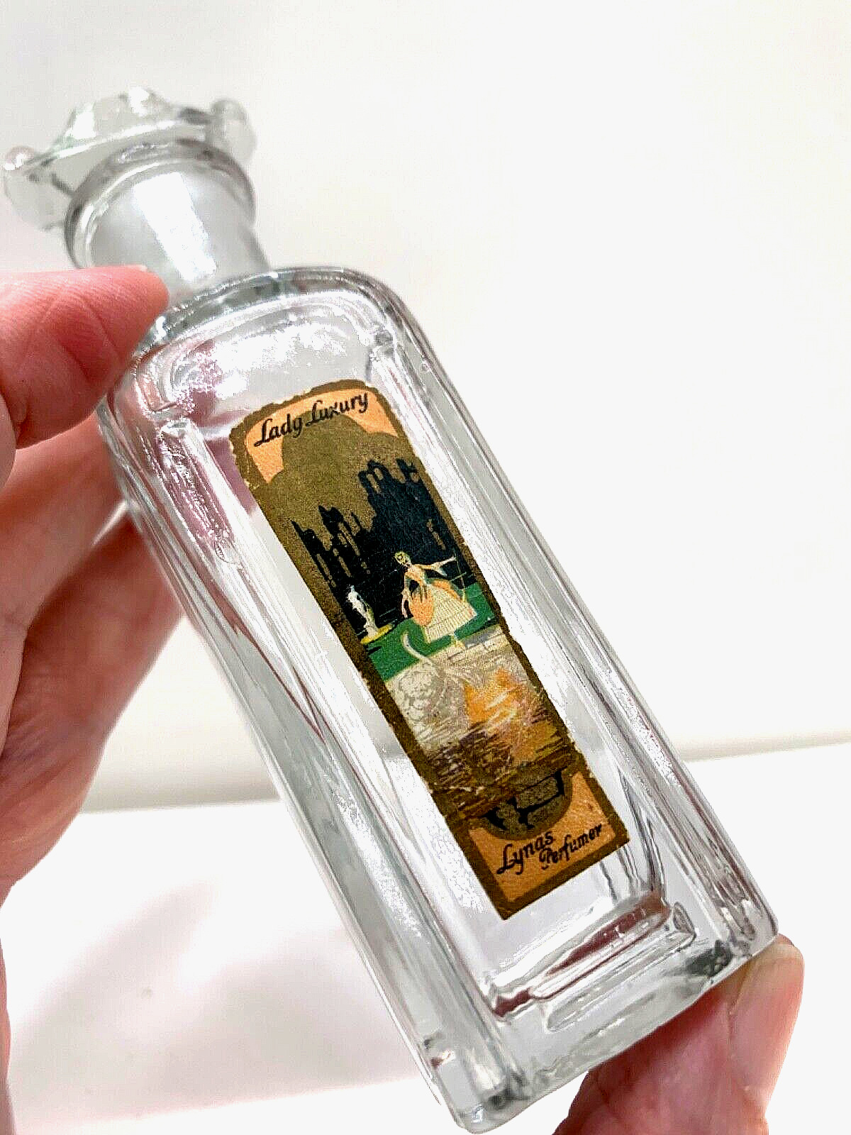 Fine  Antique perfume bottle.  Lady Luxury by J.B.Lynus. Old label.  Est. 1910s