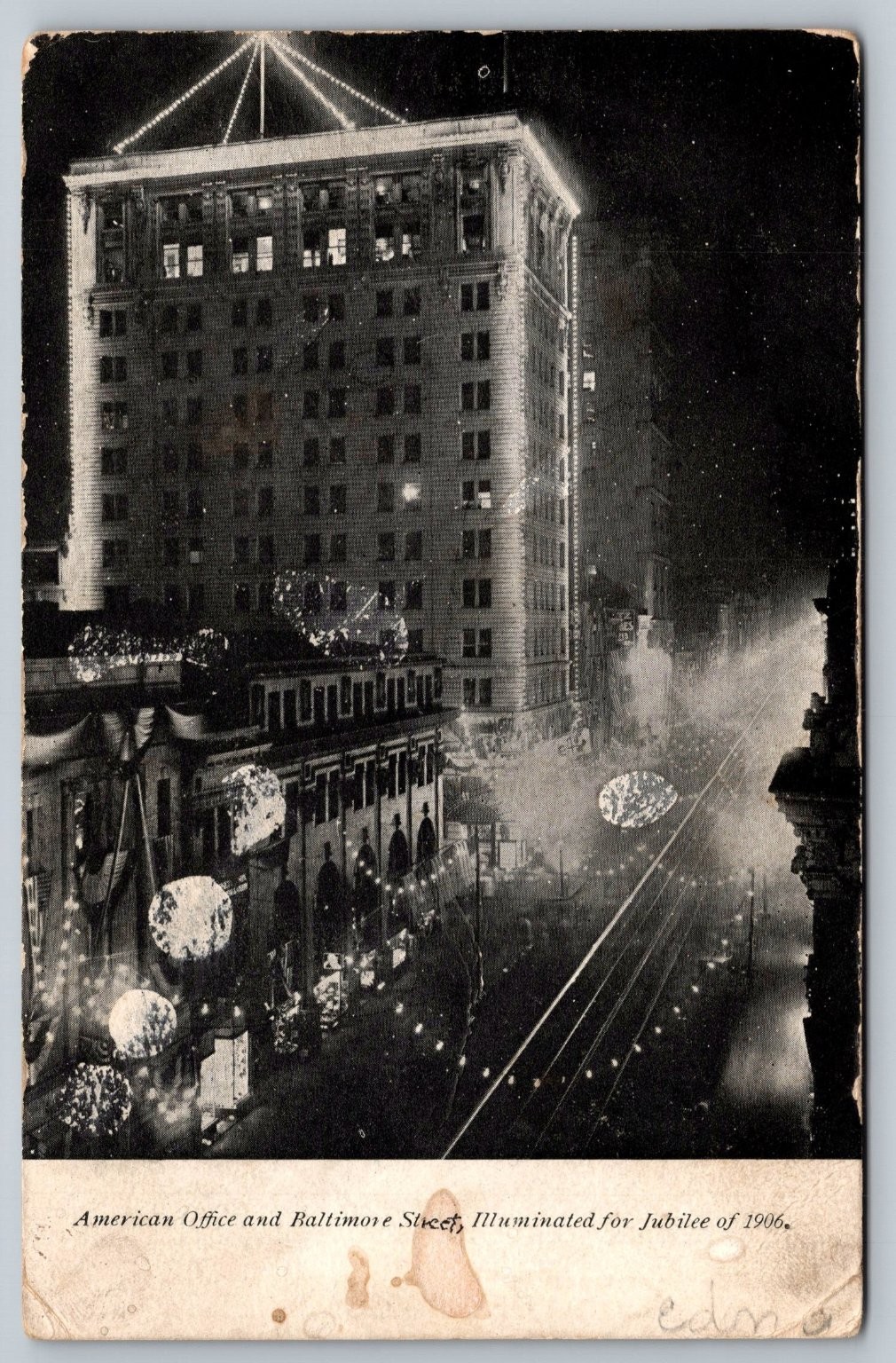 1906 Baltimore Street Night View Postcard American Office Jubilee