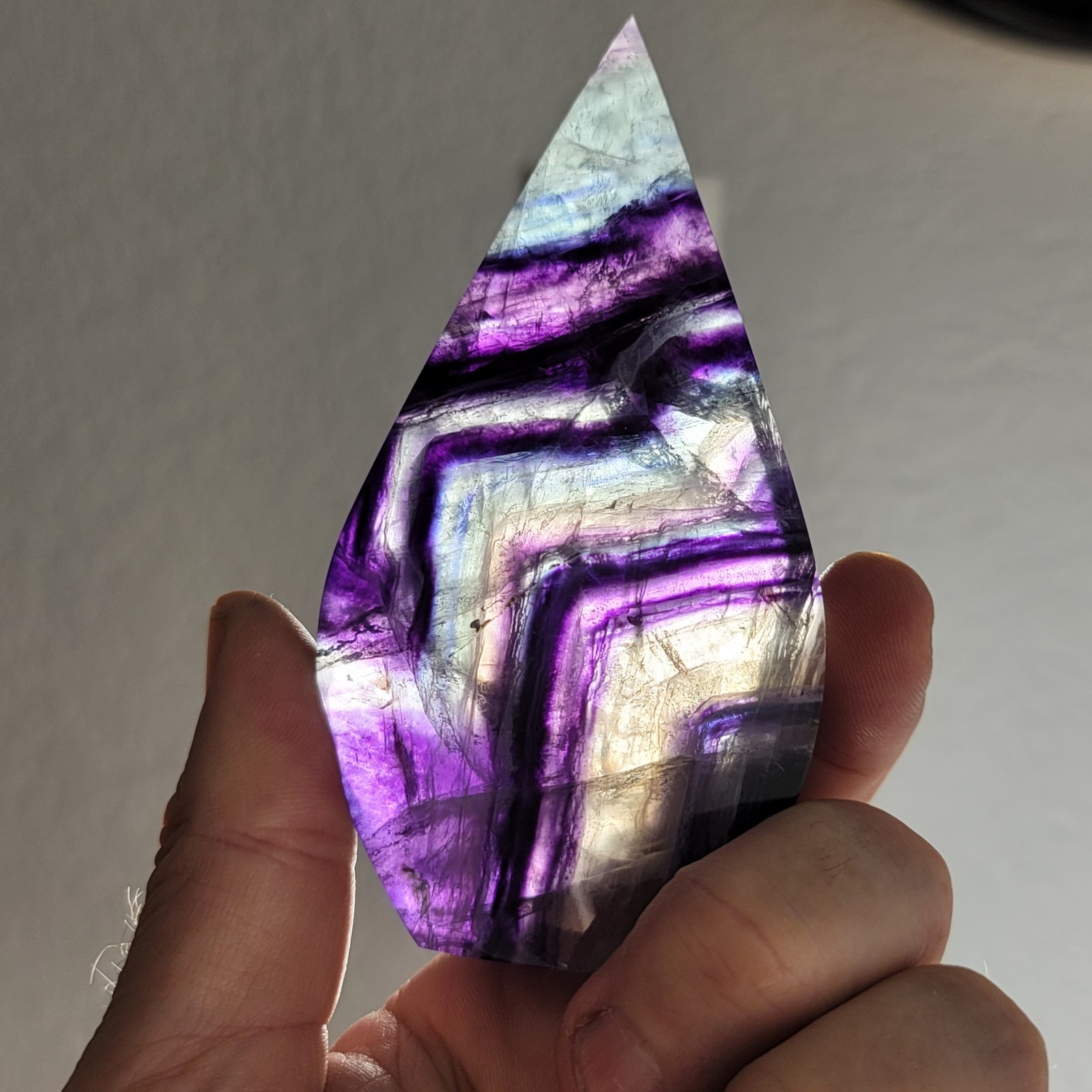 Natural Purple & Green Fluorite Teardrop Crystal Flame Tower Display Specimen