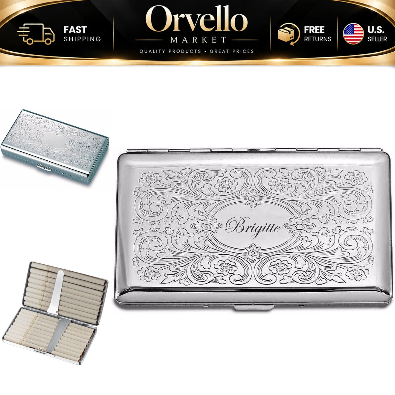 Custom Engraved Silver Paisley Cigarette Case Holder for 120's - Gift for Smoker