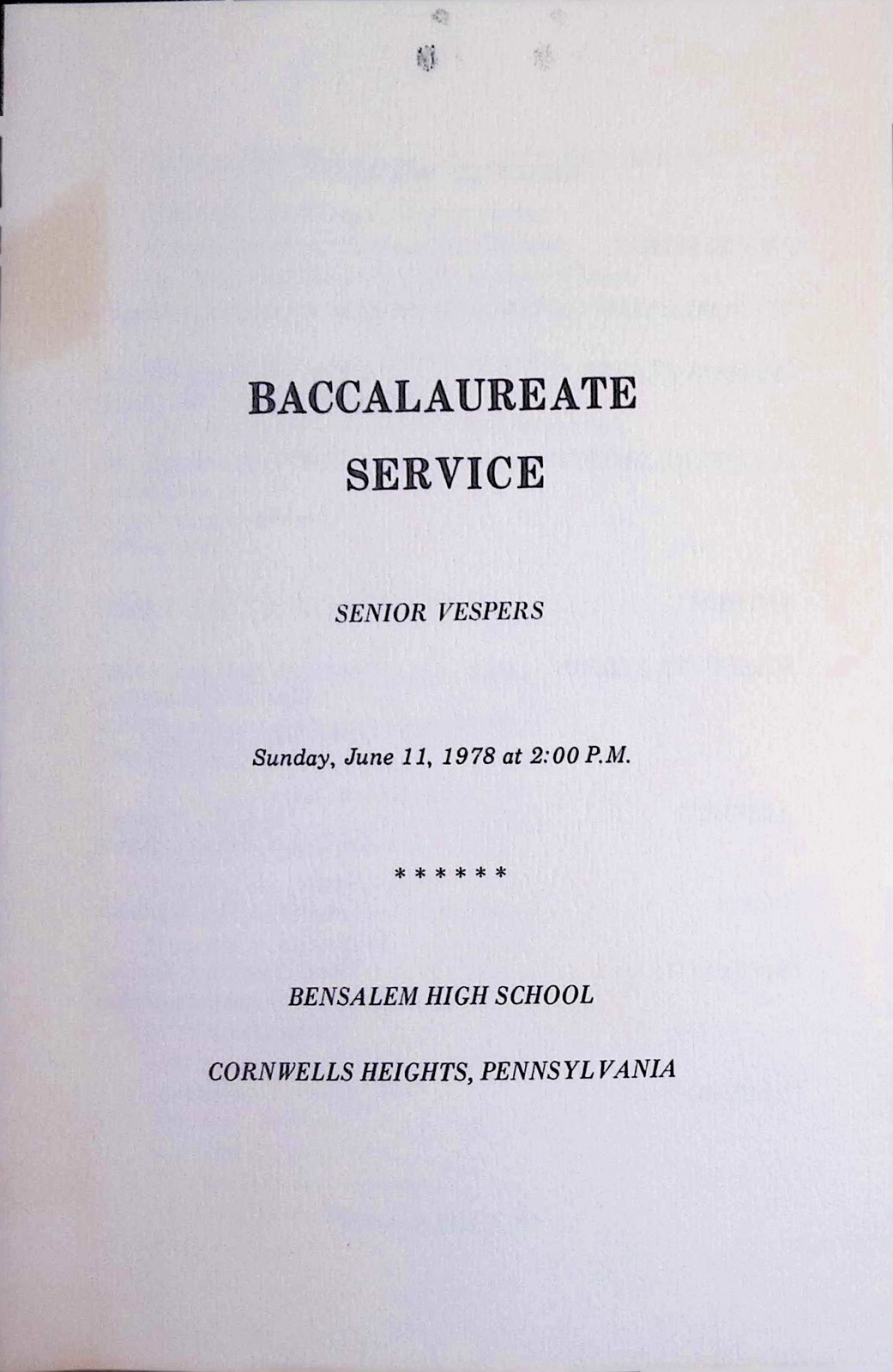 1978 Bensalem HS PA Baccalaureate Service & Senior Vespers Program
