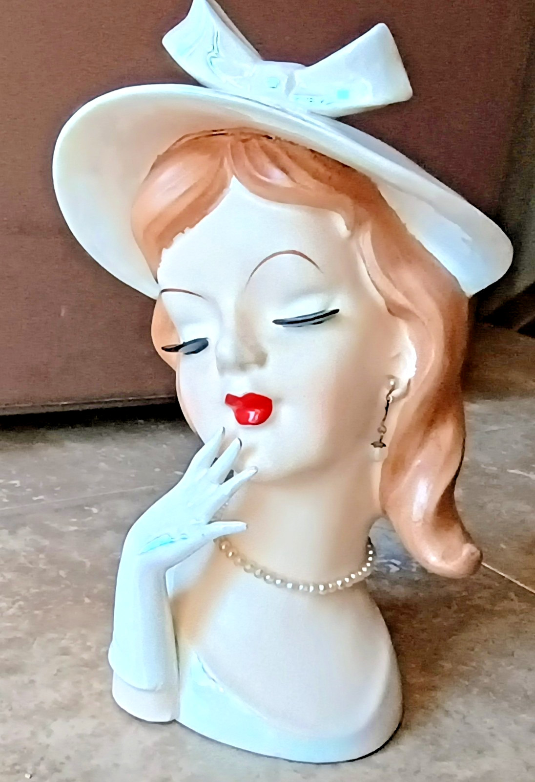 Vintage Reubens Lady Head Vase #496 Japan Iridescent Hat Pearl Jewelry MCM