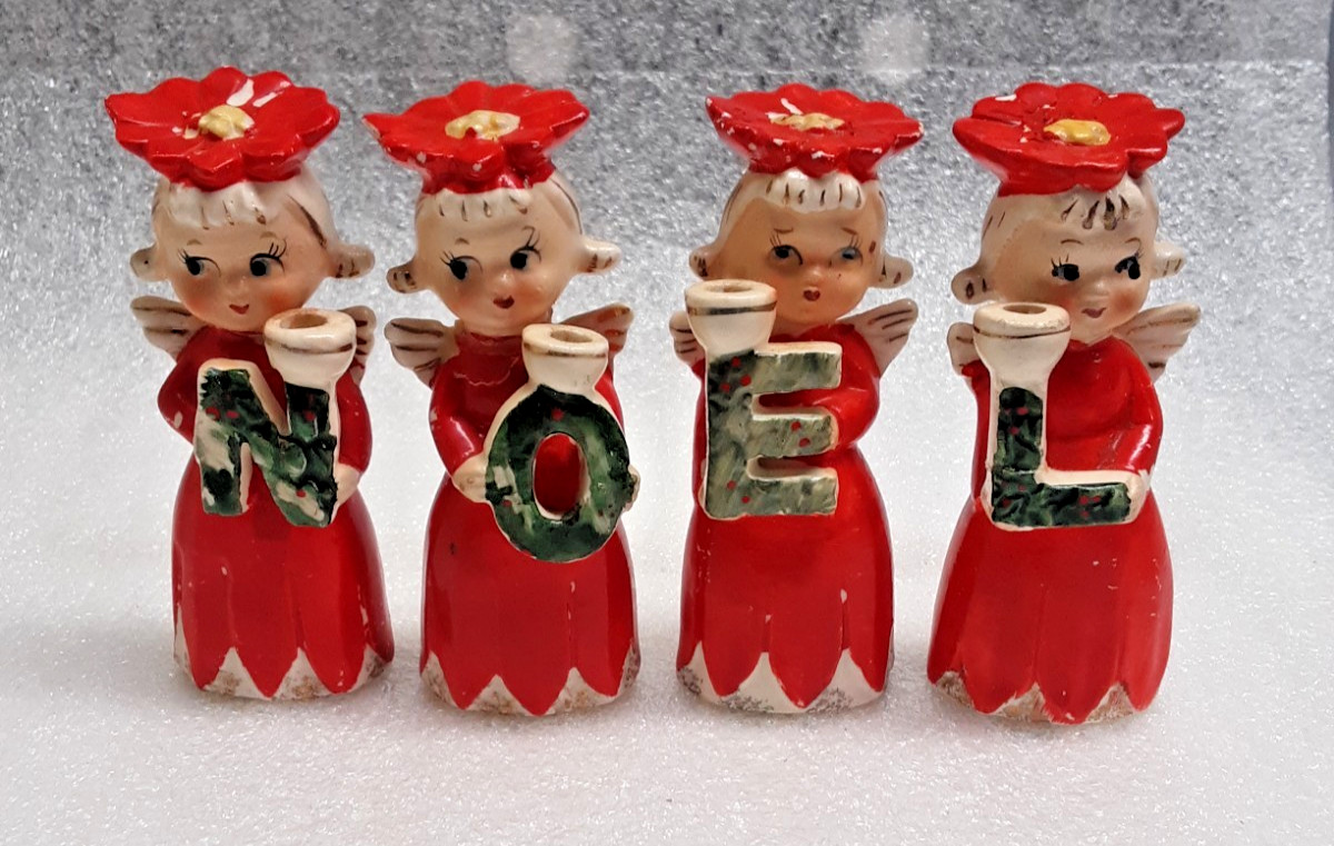 Vintage Commodore Noel Angel Poinsettia Girls Candle Holders Set Ceramic Japan
