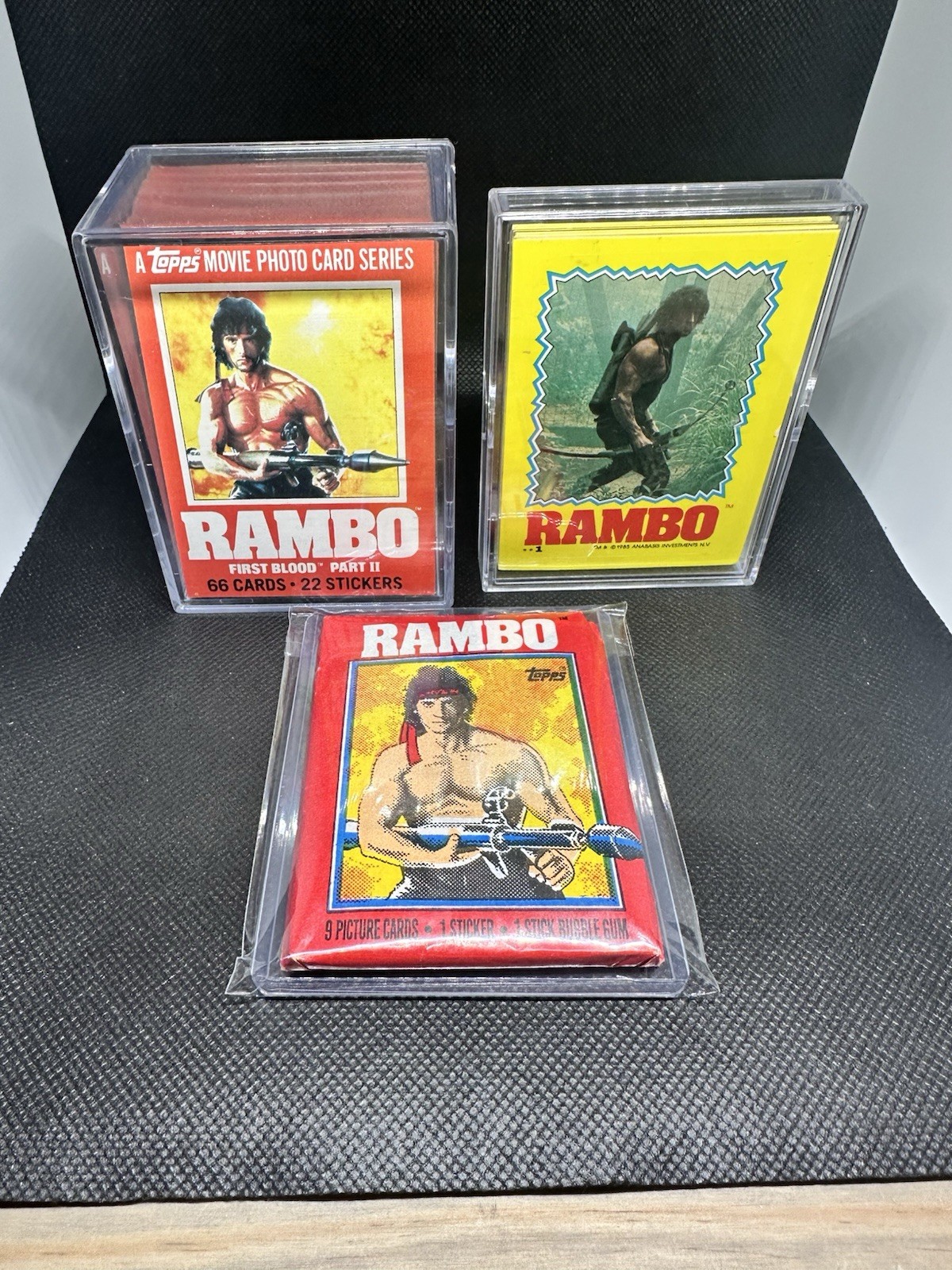 1985 Rambo Movie First Blood ll, 66 Card Set + 22 Sticker Set + Sealed Wax Pack 1985 Rambo Movie First Blood ll, 66 Card Set + 22 Sticker Set + Sealed Wax Pack