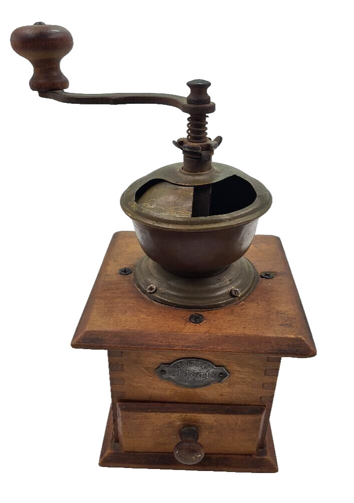 ANTIQUE  LEINBROCK'S IDEAL HAND CRANK COFFEE GRINDER WOOD, BRASS