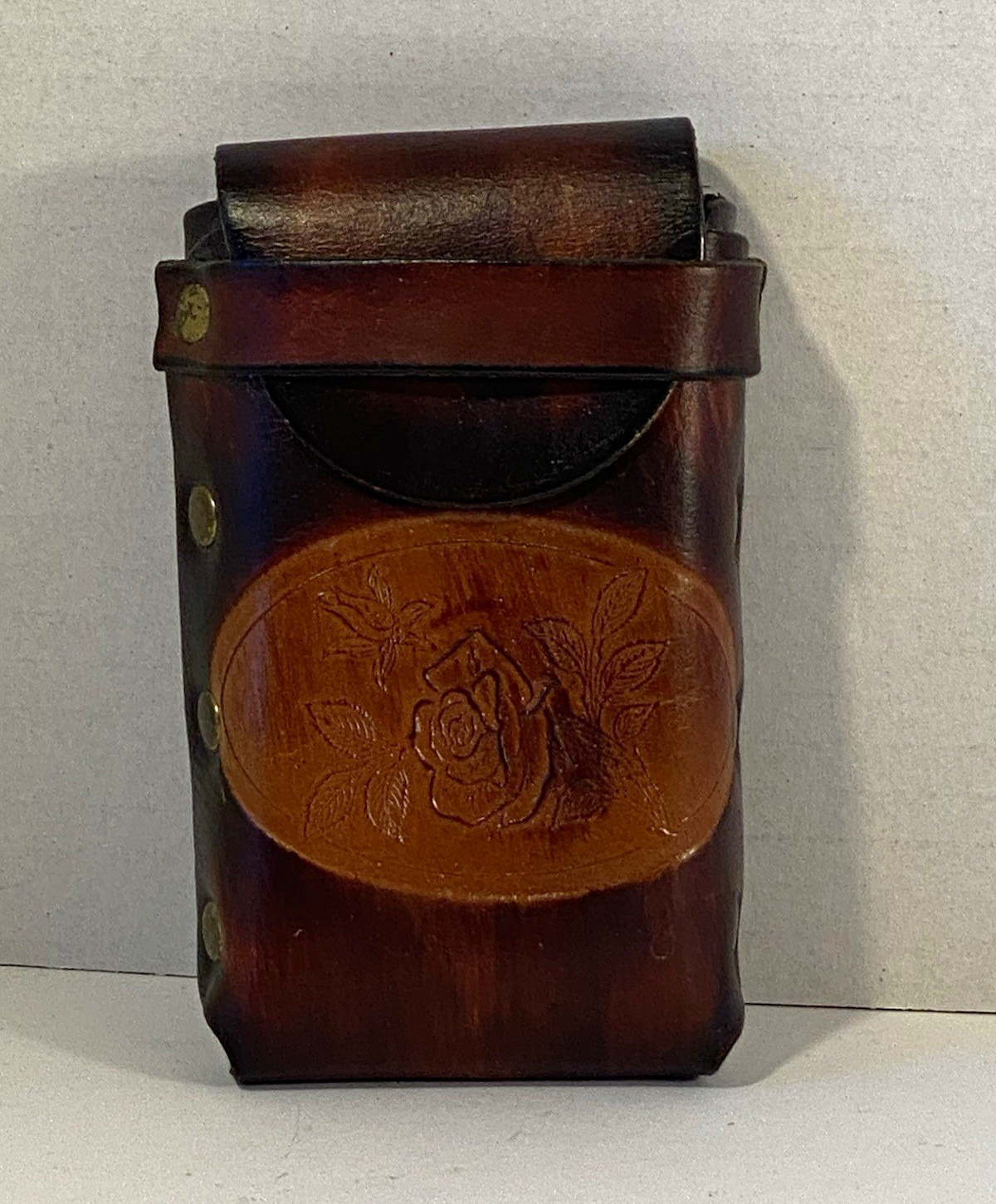 Vintage Brown Leather cigarette Case w/Flap lighter holder roses