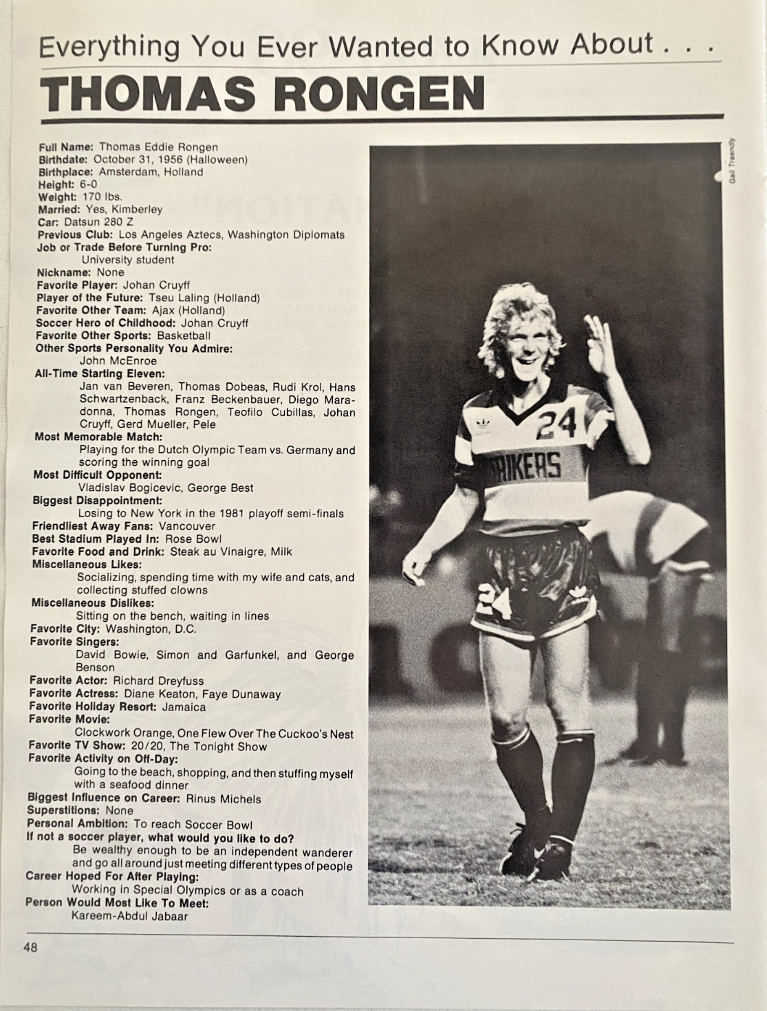 Thomas Rongen Amsterdam Ft. Lauderdale Strikers NASL Vintage 1982 Mag Article