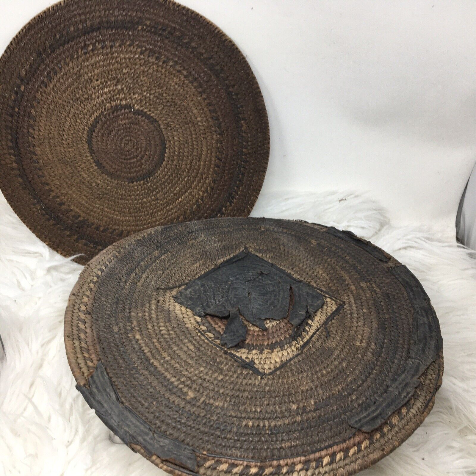 Antique Nigerian Woven Basket Matt 15”Diameter Early 20th Century Pair Nupe Peop