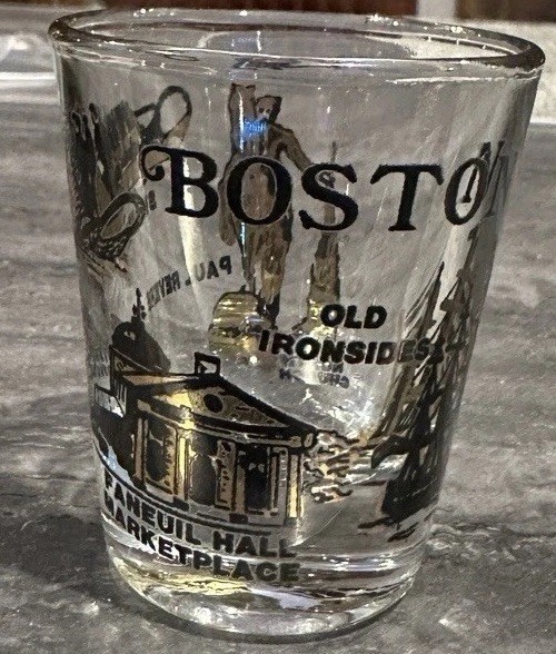 Vintage Boston Massachusetts Souvenir Shot Glass Gold Black Historic Landmarks
