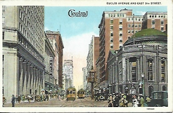 Postcard: Euclid Ave at E 9th St. Street Scene Trolleys Domed Bank Bldg REDUCED