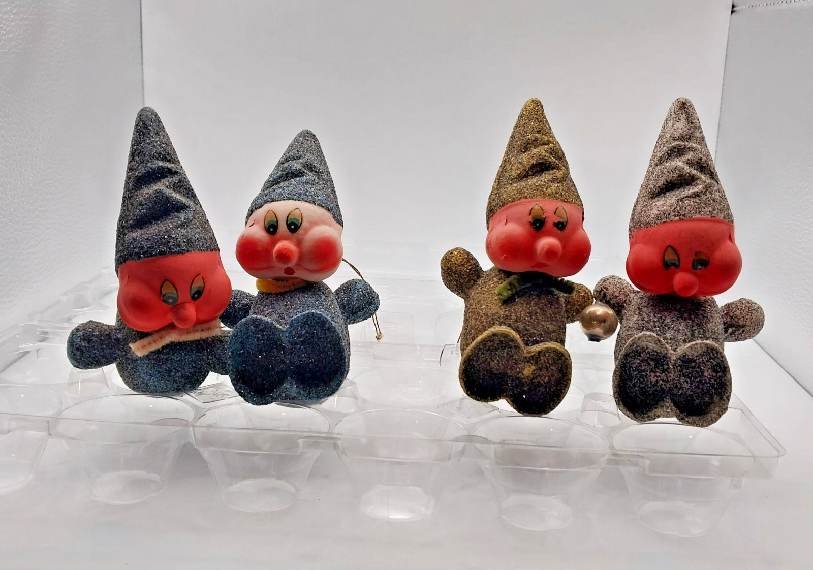 4 VINTAGE GERMAN PAPIER MACHE MICA GLITTER ELF Gnome ORNAMENTS ? Candy Container