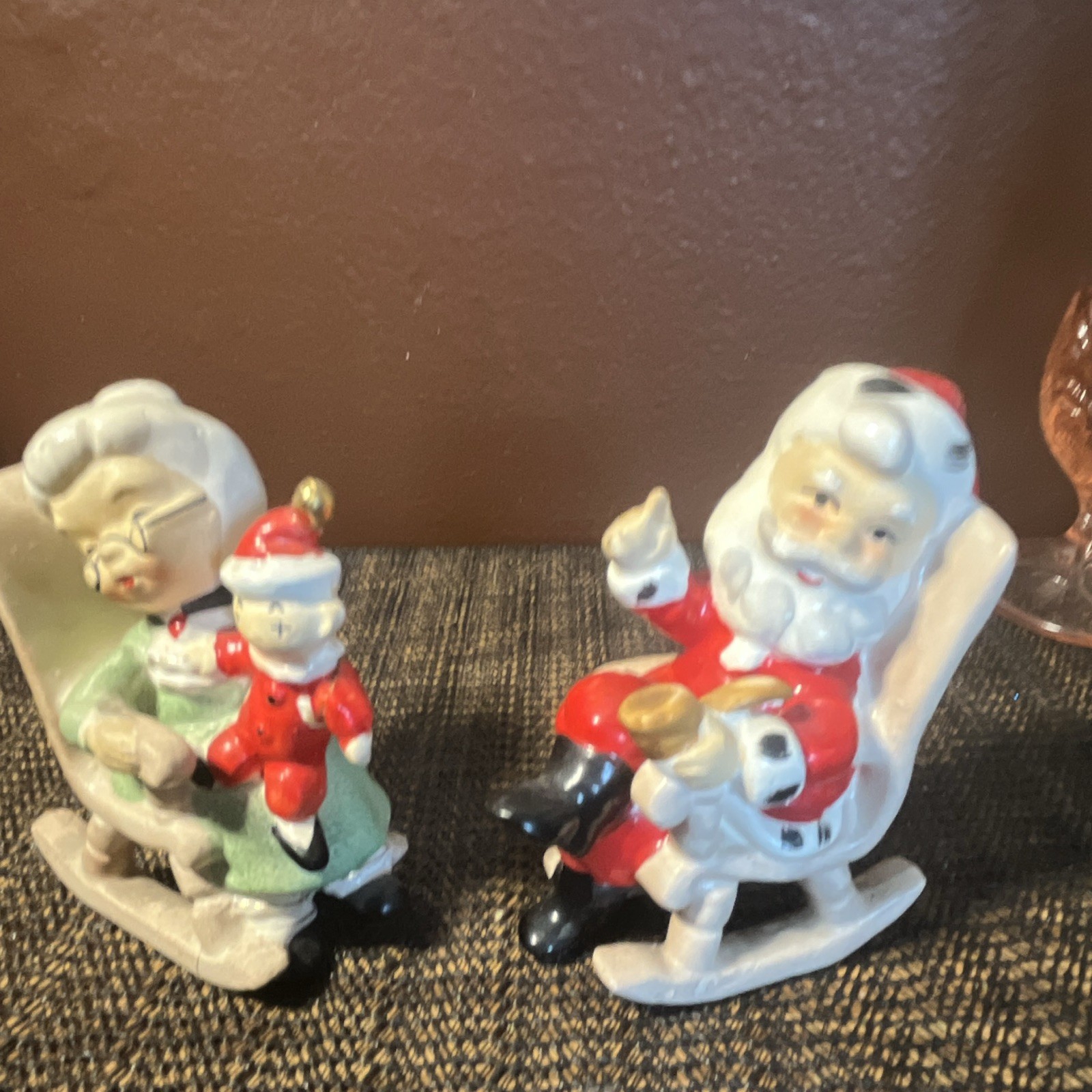 Vintage Christmas Santa and Mrs Claus in Rocking Chairs Ceramic Figurine Set