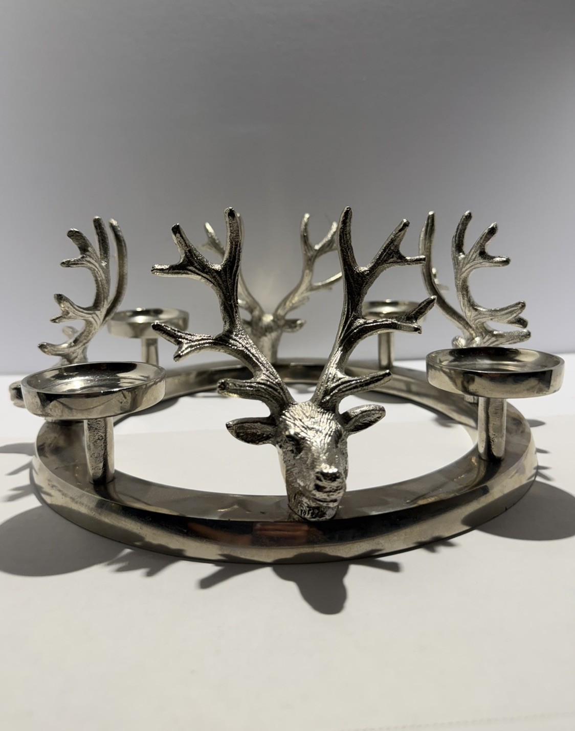 Silver Tone Stag Deer Head 4 Tealight Candle Holder Round Holiday Centerpiece