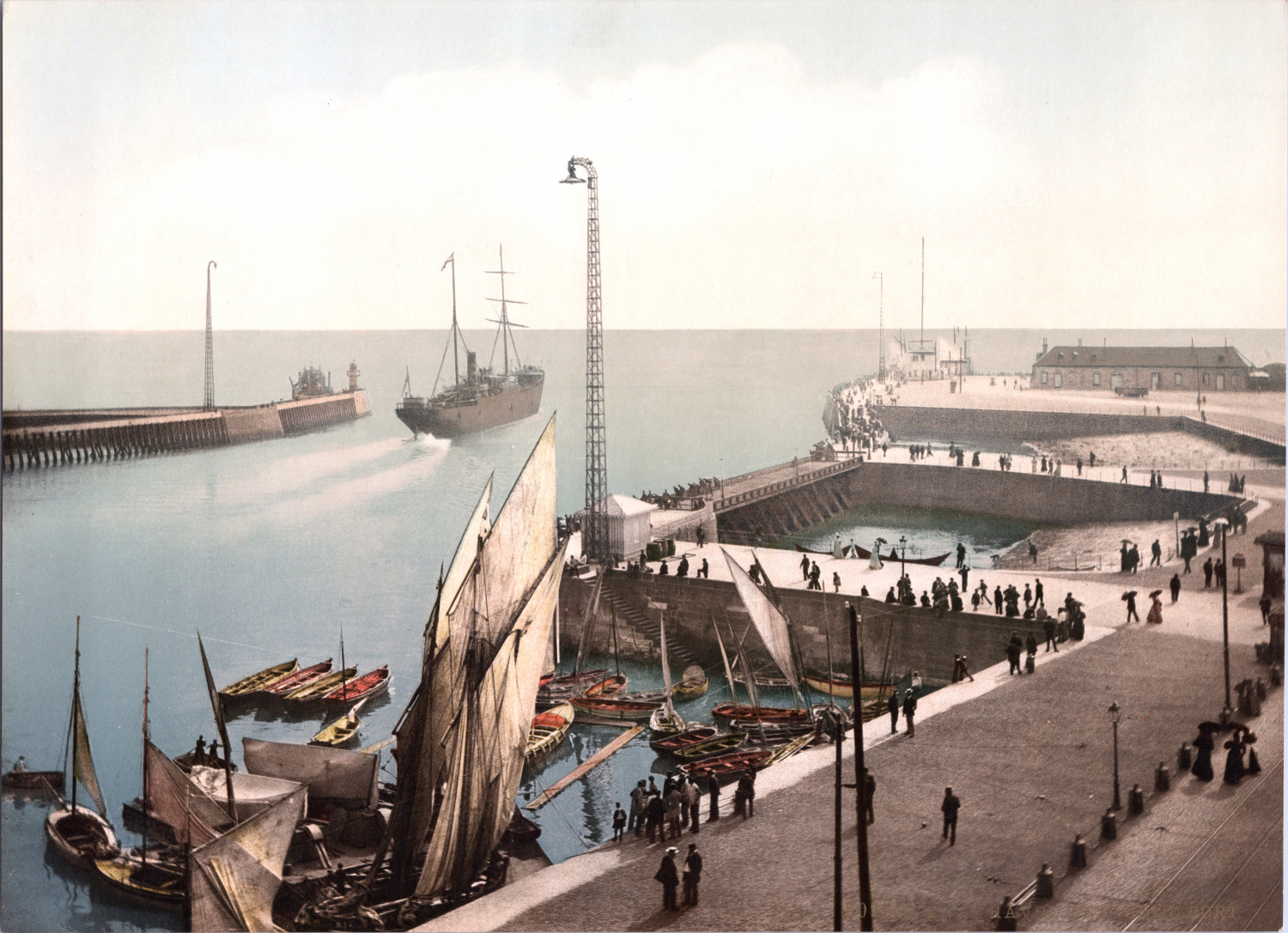 France, Le Havre. The port entrance.  vintage print photochromie, vintage photo