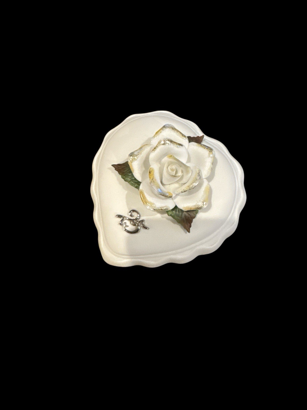 Vintage 25th Wedding Anniversary White Trinket Box w Rose Heart Shape Roman Inc.