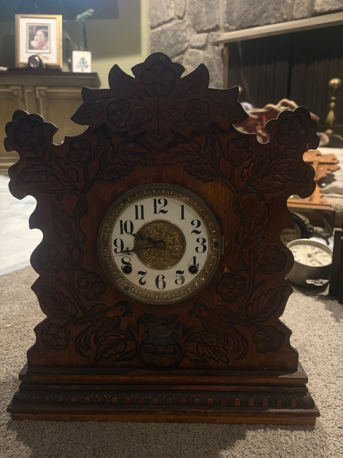 Antique Gilbert Champion O Mantel Clock Bird Nest Floral Gingerbread Untested