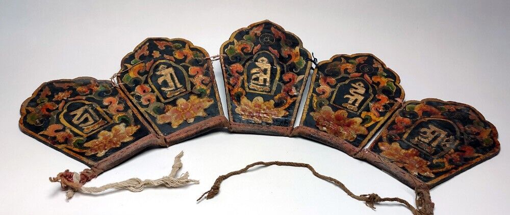 Tibet 1800s Old Antique Buddhist Painted Thangka Buddha Lama Crown Hat Mantra