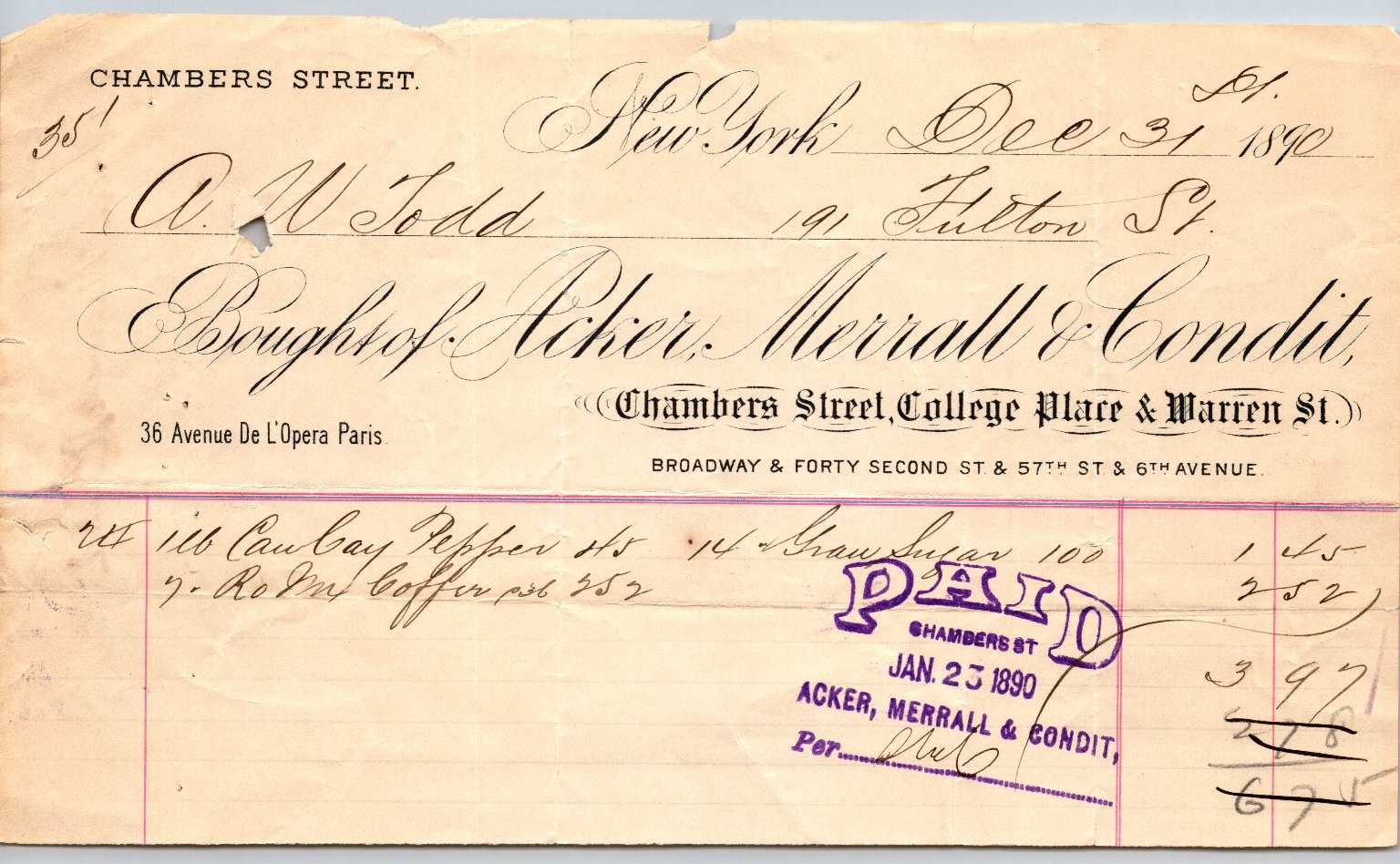 1890 New York Chambers St Acker Merrall & Condit Billhead Receipt