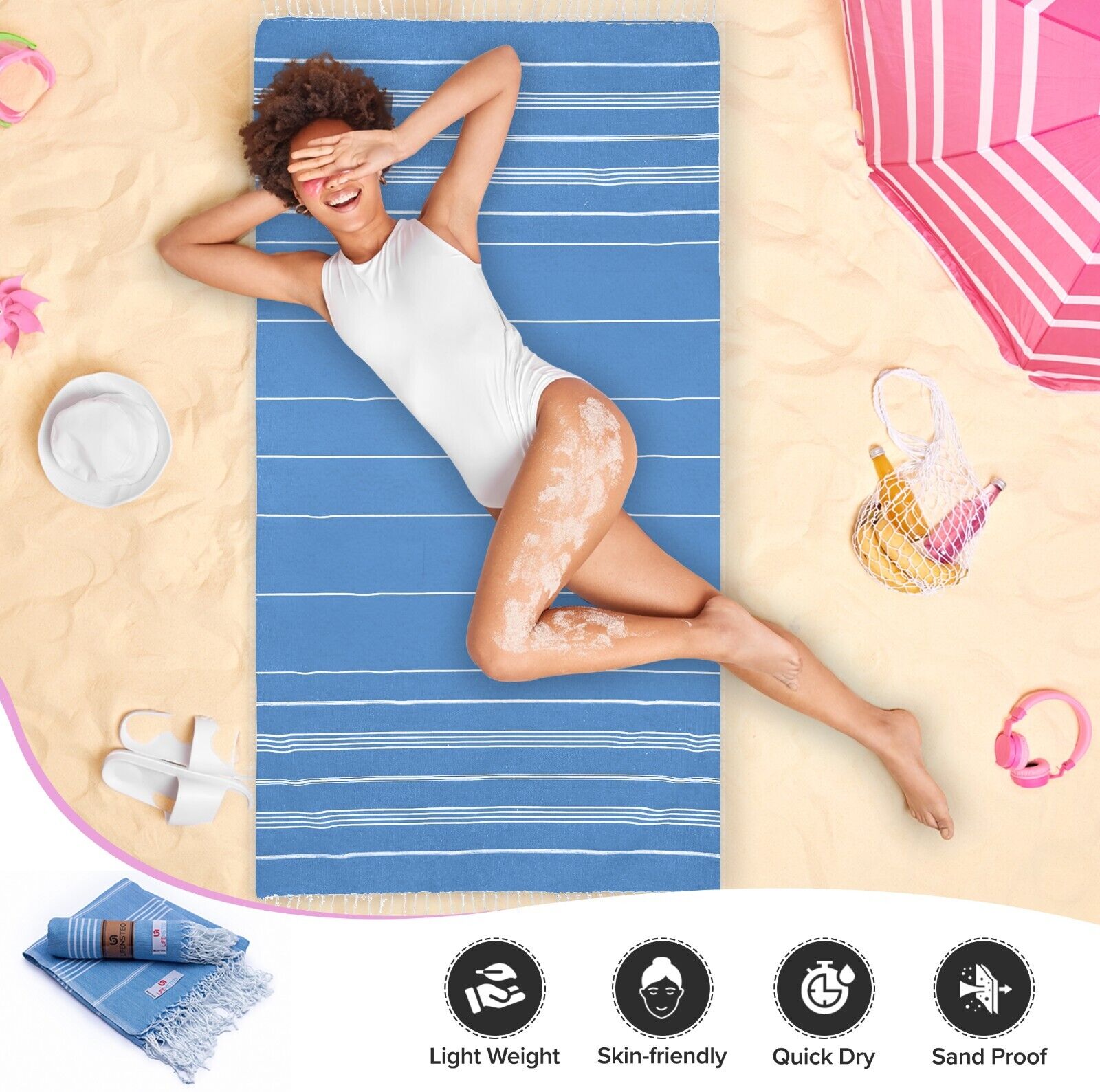 Turkish Beach Towel - 40x71 inch Oversized Sand Resistant Prewashed Towel